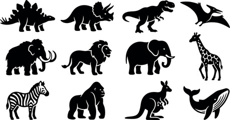 Stylized Animal Vector Clipart Set 12 Prehistoric Dinosaurs and Modern Wildlife Icons © MirzaAsmaul