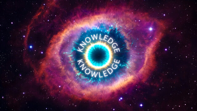Vibrant Nebula Resembling a Cosmic Eye with Glowing Text Floating in Deep Outer Space