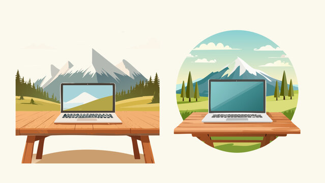 Two laptops displaying scenic mountain landscapes, situated on picnic tables in natural outdoor settings