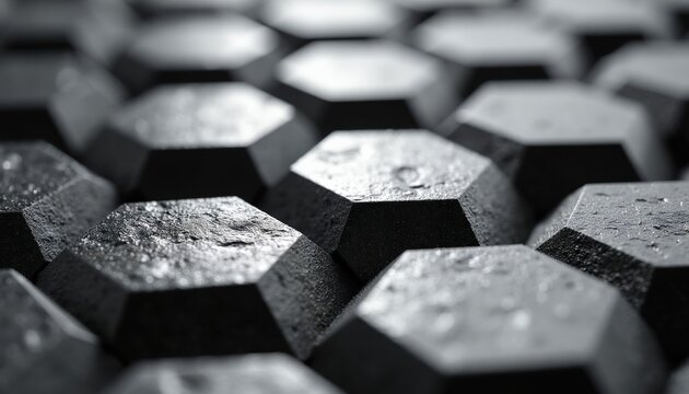 Close up macro shot of faceted dark gray mineral material, textured hexagonal shapes form repeating pattern. Reflective surfaces catch light, showing dampness and rough grain.