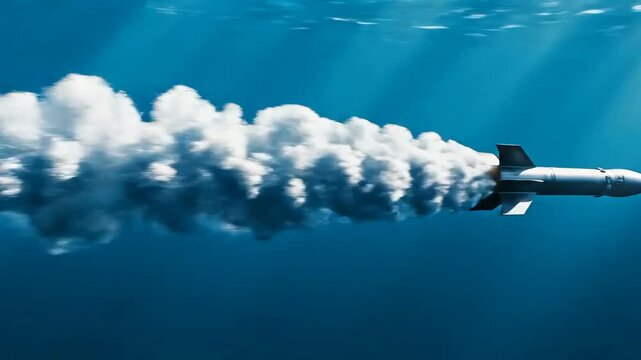 Submarine Launching Torpedo Missile Underwater In Ocean Depth