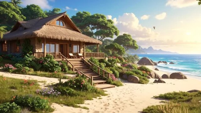 A beautiful seaside cottage with a sandy path leading to the ocean view