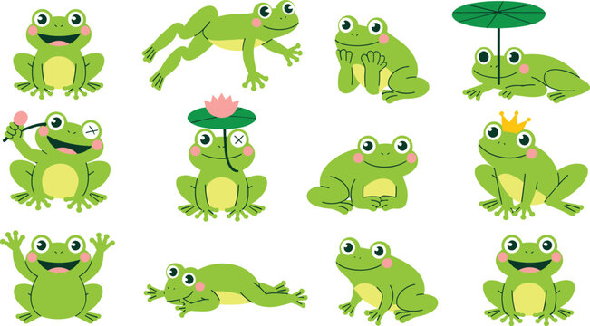 Cute Green Frog Cartoon Character Vector Set Featuring Funny Amphibians Jumping Sitting Sleeping Wearing Crown and Holding Lily Pad Umbrella