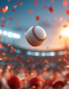 A baseball flies through the air in a lively stadium filled with cheering fans and vibrant confetti under bright lights at sunset.