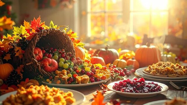 A bountiful harvest feast with delicious food and autumn decorations