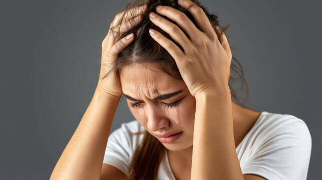 Desperate Woman in Distress A young woman clutches her head in despair, her face etched with anguish and tears. The overwhelming emotion conveys a profound sense of sadness and struggle.