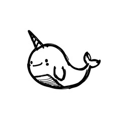 Narwhal doodle icon logo design. Cute narwhal hand drawn illustration. Playful ocean animal sign and symbol. Sea unicorn clipart isolated on white background. © Salma