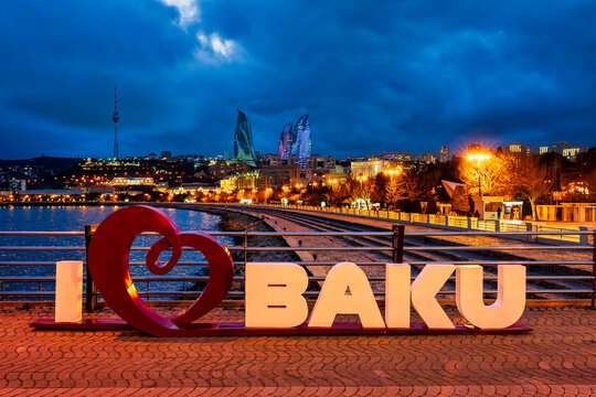 I Love Baku Sign on Caspian Sea Promenade at Night