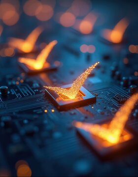 Glowing check marks on circuit board. Digital technology confirms tasks are complete and accurate. Data validation signifies progress and success in digital systems.