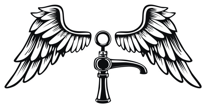 Ornate Tap with Outspread Angelic Wings, Detailed Vector Emblem, Line Art Symbol