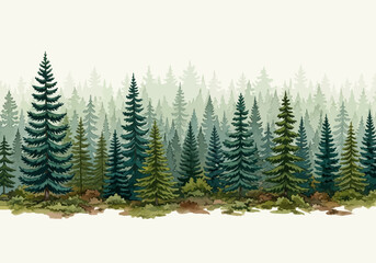 Obraz premium Tall green pine trees in forest.