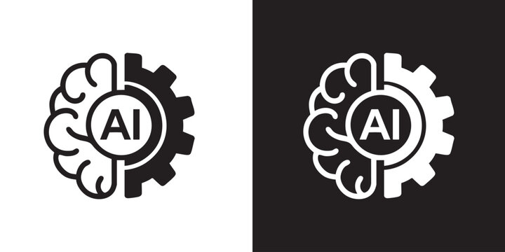 Minimalist AI Brain Gear Logo - Flat Vector Tech Symbol for Artificial Intelligence, Human Profile Silhouette, and Digital Machine Learning Circuit Concept