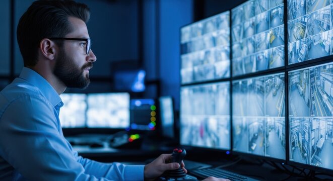 Security operator intently monitors multiple surveillance camera feeds on large screens in a dark control room