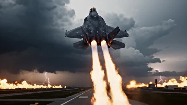 Stealth fighter jet taking off on runway during dramatic storm