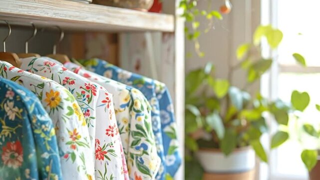 Colorful floral patterned garments hanging on wooden hangers in a closet space