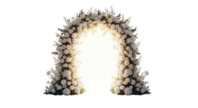 Arched wedding floral arrangement of white roses and hydrangeas framing a bright, glowing oval light against a solid black background