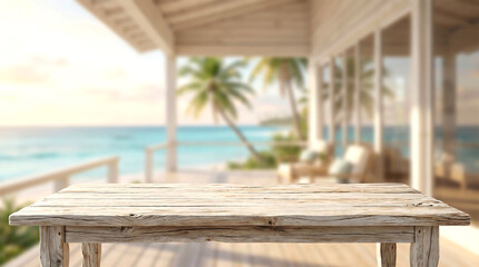 Obraz premium Empty wooden table top blurred white beach house porch summer holiday real estate product mockup presentation
