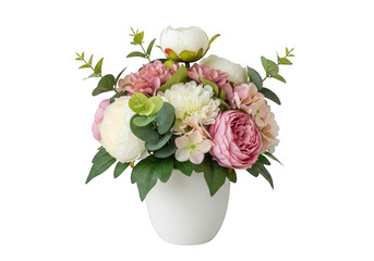 Fototapeta premium Artificial flower arrangement with pink and white peonies, roses, and green eucalyptus leaves in a simple white ceramic pot on black background