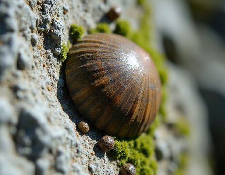 Large brown limpet shell rests on mossy rock near ocean. Small snails cling to stone surface. Sunny day light reflects on shell surface. Closeup view of marine life.