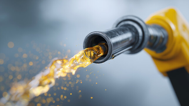 Fuel nozzle pumping yellow liquid gasoline. Gasoline station petrol equipment dispensing fuel. Energy industry, transportation power and hazardous liquid chemical business concept.