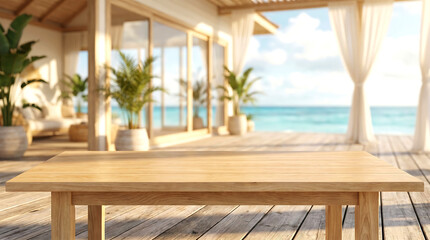 Fototapeta premium White wooden table top blurred beach house interior surfboard for summer lifestyle product mockup display presentation