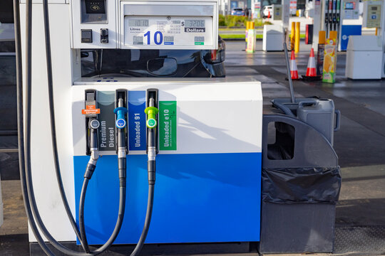 petrol and diesel bowser at a petrol station with fuel hoses
