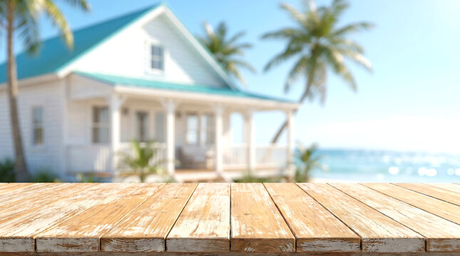 Empty wooden table top with blurred coastal beach cottage for summer holiday product mockup display presentation