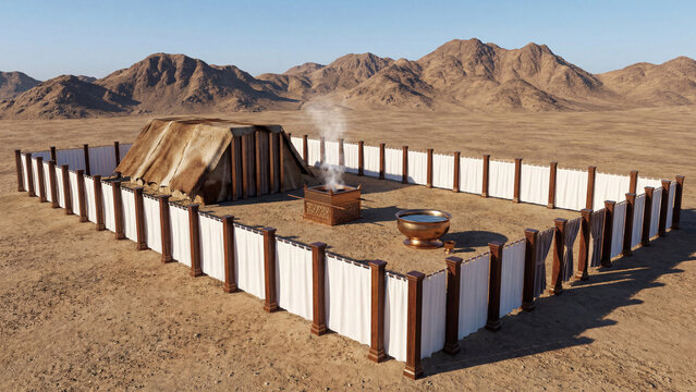 The ancient Israelite Tabernacle in a desert wilderness, with altar and laver for worship, as described in the Bible