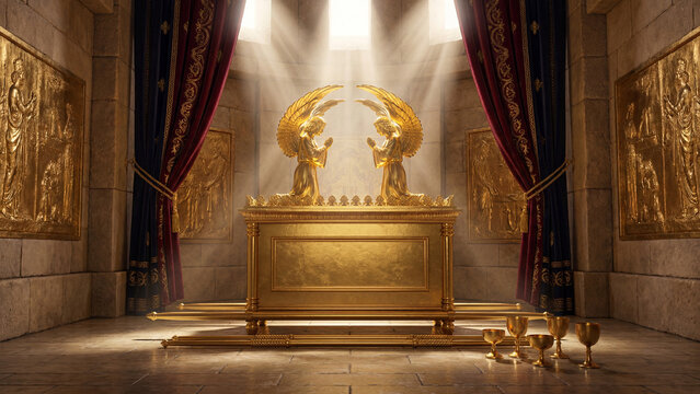 Majestic Ark of the Covenant with golden cherubim under divine light in a sacred temple, symbolizing biblical history