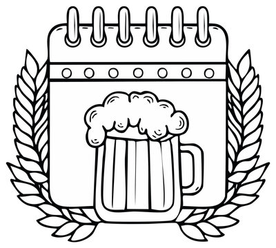 St. Patrick's Day vector graphic features calendar, beer mug with foam, and wheat wreath in black and white