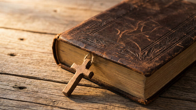 Close-up of a well-worn Holy Bible and a small wooden cross on a rustic wood surface, symbolizing faith and religion