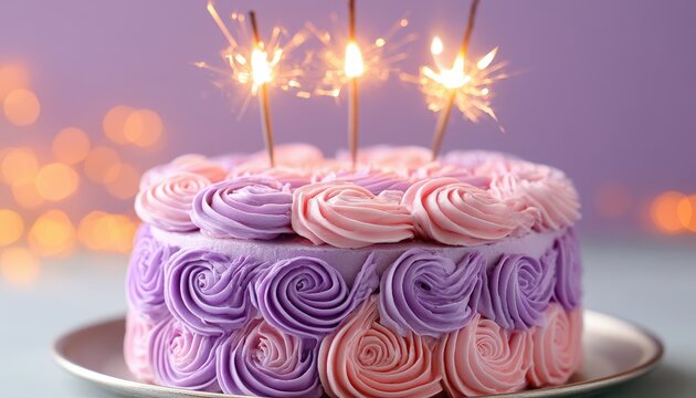 A beautifully decorated pink and purple swirl cake with sparklers lit on top, creating a festive and celebratory atmosphere.