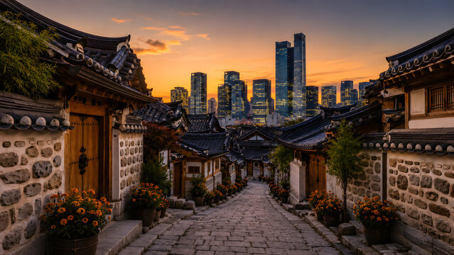 Seoul Hanok Village Alley at Sunset &ndash; Traditional Meets Modern Skyline