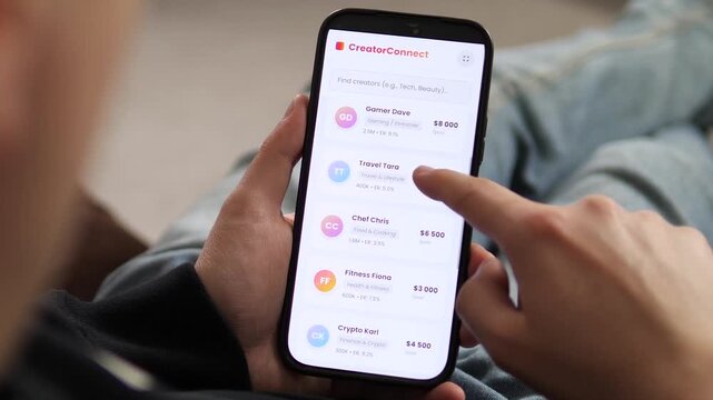 Brand manager using influencer marketing app to find social media creators. Scrolling through digital profiles with pricing and engagement metrics. Essential footage for creator economy, digital