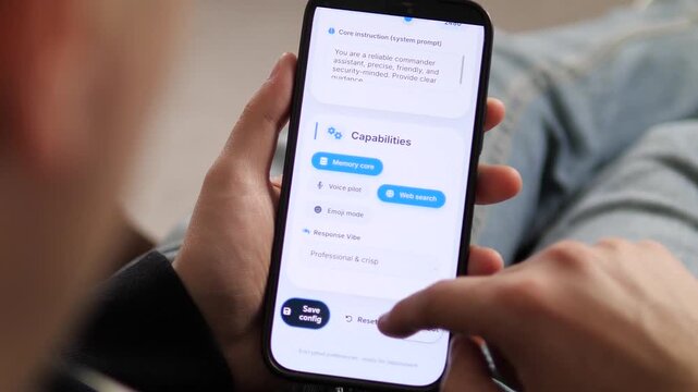 User customizing an AI assistant app on a smartphone. Adjusting system prompts, temperature, and token limits. Modern UI design for generative AI tools. High-tech digital assistant configuration