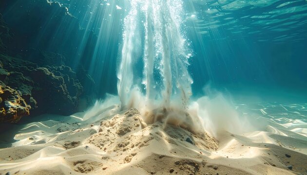 Underwater Sand Disturbance with Sunbeams - A Serene Marine Scene.