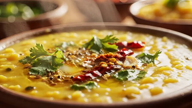 Delicious Indian Dal Tadka served in a rustic bowl with fresh cilantro garnish.