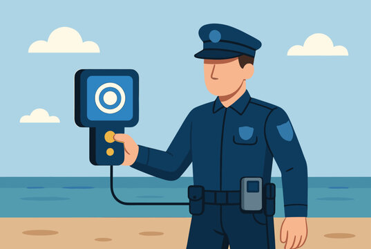 Police officer in a blue uniform holding a speed detection device or camera while standing on a sunny beach by the sea.