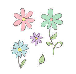Obraz premium Set of minimalist hand-drawn floral doodles in soft pastel colors, featuring a collection of simple blooming flowers and green leaves on a clean white background