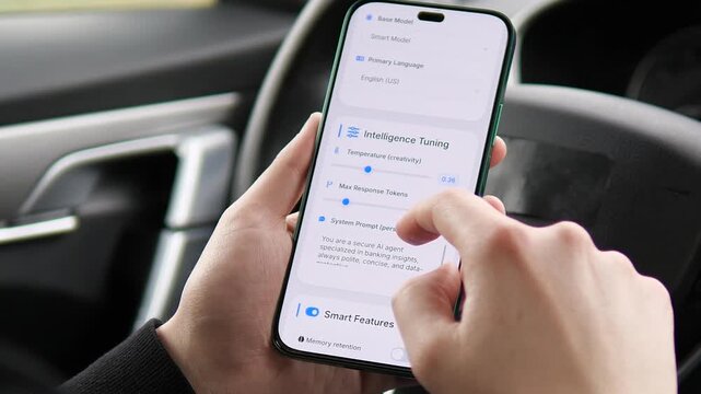 Customizing a smart AI agent on mobile. Features detailed intelligence tuning and toggle switches for memory and voice. Perfect for tech reviews, automation tutorials, and futuristic software ads