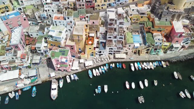 Beautiful aerial view of Procida seaside village and