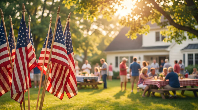 American backyard BBQ with people socializing and flags