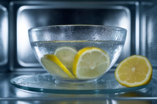Natural method for cleaning a microwave with lemon and water. A glass bowl with citrus slices steaming inside a kitchen appliance for deodorizing. Eco-friendly household life hack