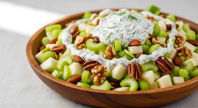 Waldorf salad with celery, apple, walnuts, and raisins in a wooden bowl.