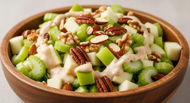 Waldorf salad with celery, apple, walnuts, and raisins in a wooden bowl.