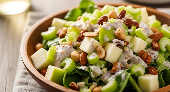 Waldorf salad with celery, apple, walnuts, and raisins in a wooden bowl.