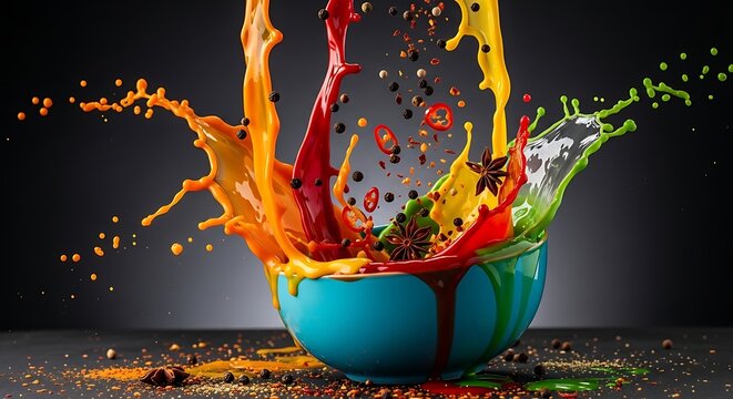 Vibrant green bowl overflowing with colorful sauce splashes and spices