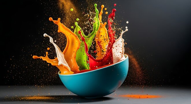 Vibrant green bowl overflowing with colorful sauce splashes and spices