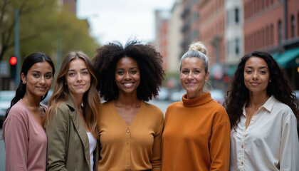 Obraz premium Five diverse women stand together on city street, smiling confidently. Different ages, ethnicities represented in group of females looking forward, unity, empowerment in urban life.