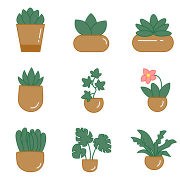 Minimal Houseplant Icon Collection with Cute Potted Plants, Botanical Decor Elements and Modern Flat Vector Illustrations